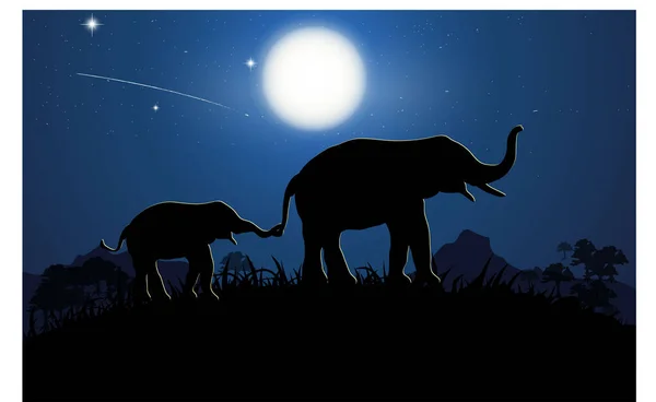Silhouettenbild Schwarzer Elefant Der Wald Mit Berg Und Mond Hintergrund — Stockvektor