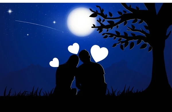 一对男女坐在树下 夜晚与月亮在天空中设计矢量插图 — 图库矢量图片