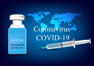 Dünya haritası arkaplan vektörü illüstrasyon kavramına sahip Coronavirus 'un şırınga aşısı covid-19 tıbbi araştırma ve geliştirme  