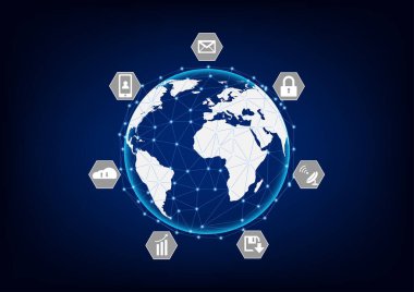 Mavi arkaplan üzerindeki grafikler dünya haritası Bağlantı ağı iletişim sistemi vektör çizimi