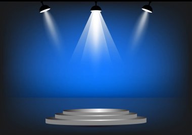 Mavi renkli duvar arkaplanı için spot ışığı olan podyum