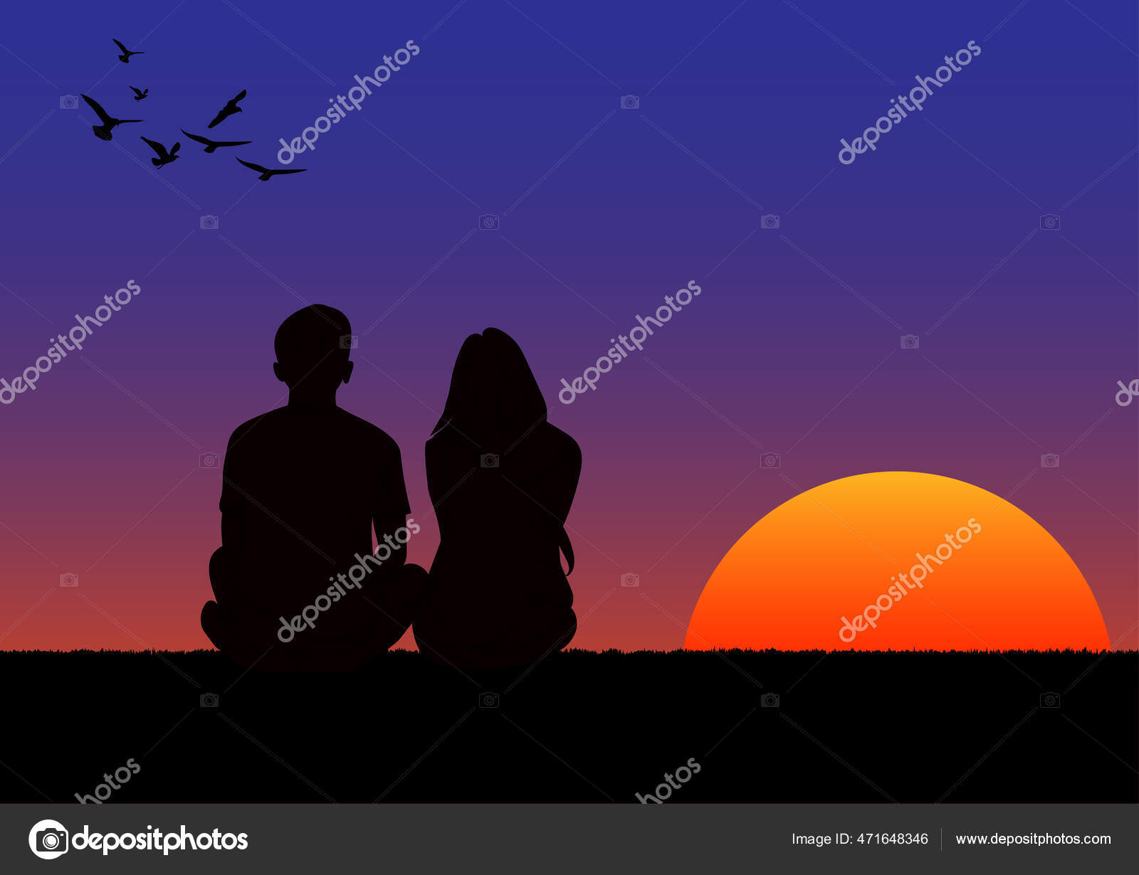 Graphics Drawing Couple Boy Girl Sit Sunset Sunrise Background Light Vector Image By C Piyaphunjun Gmail Com Vector Stock