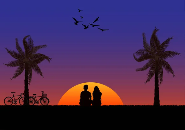 图画夫妇男孩和女孩坐在一起 手牵手 骑自行车 日落或日出背景图解浪漫的概念 — 图库矢量图片