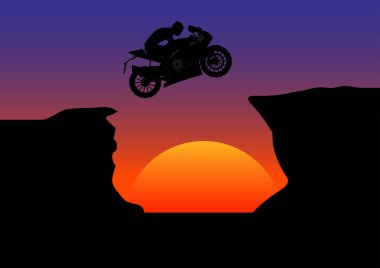 Motosikletli siluet adam çizen grafikler ve gün batımı arka plan illüstrasyonuyla dağ arasında zıplamak