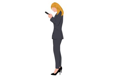 Bağlantı teknolojisi için ayakta duran ve akıllı telefonu kullanan iş kadını, insanlara e-posta göndermek ve veri bilgilerini kontrol etmek için akıllı telefonu kullanan konsept