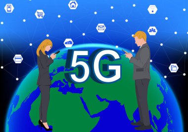 İş kadını ve erkek teknoloji ve konsept ile bağlantı kurmak için akıllı telefon kullanıyor Global ağ vektör illüstrasyonuyla herhangi bir yerde bağlantı var mı? 