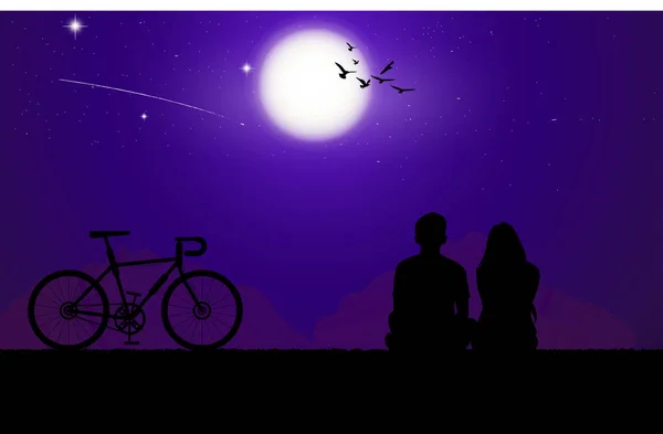 Silhouette Image Couple Homme Femme Assis Avec Lune Sur Ciel — Image vectorielle