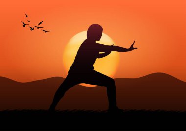 Spor 1grafikleri görüntüsü tai chi çiziyor güneş doğumu ve dağ manzarası manzarası sabahları sağlık yararları için açık hava konsepti.