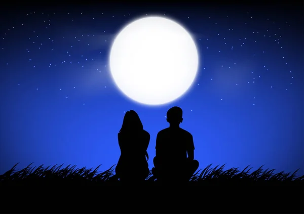 Silhouette Image Couple Homme Femme Assis Avec Lune Sur Ciel — Image vectorielle