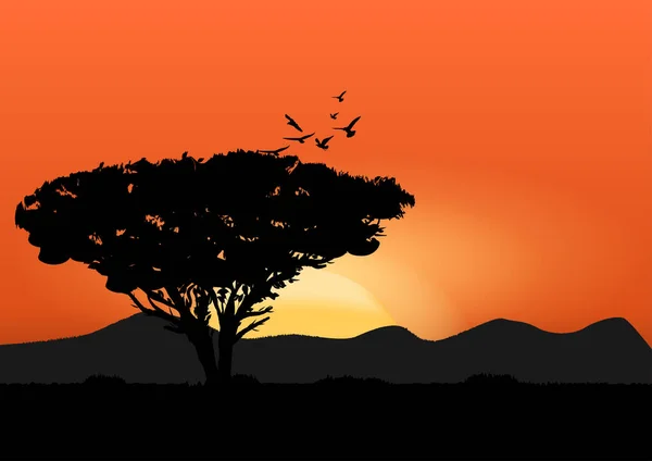 Grafik Bild Landschaft Ansicht Natur Sonnenuntergang Und Leicht Orange Silhouette — Stockvektor