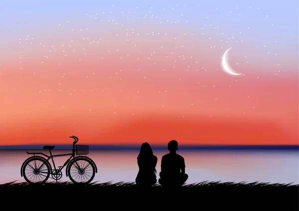Silhouette Image Couple Homme Femmes Assis Regarder Lune Dans Ciel — Image vectorielle