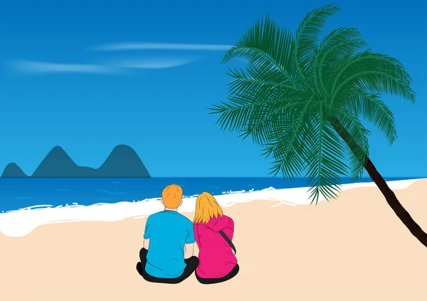 Γραφική Εικόνα Ένα Ζευγάρι Ανδρών Και Γυναικών Κάθεται Στην Παραλία — Διανυσματικό Αρχείο