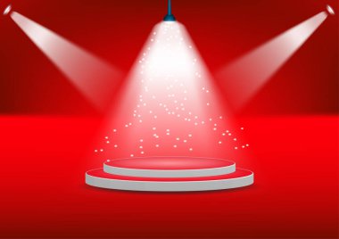 Sahne ışıkları kırmızı arkaplan vektör illüstrasyonundan parlak beyaz ışığı olan ürün podyumu 