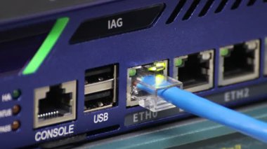 Veri transferi ve internet ağ teknolojisi için aktif bağlantı ışıklarını gösteren bir gigabit ağ anahtarına bağlı mavi ethernet kablosunun yakın plan görüntüsü