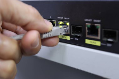 İnternet bağlantısını, veri transferini ve ağ teknolojisini gösteren bir ağ anahtarına ethernet kablosu takmak