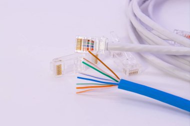 Mavi Cat6 ve beyaz Cat5 LAN kabloları sekiz iç kabloyla açıkta, ağ yapısı iç bakır hatlarını gösteriyor