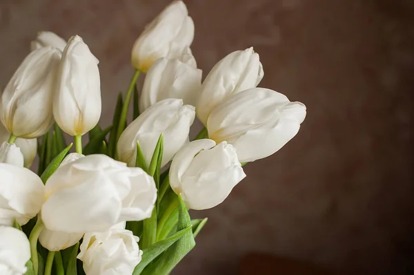 A bouquet of white tulips in a glass vase at home. — Stock Photo, Image