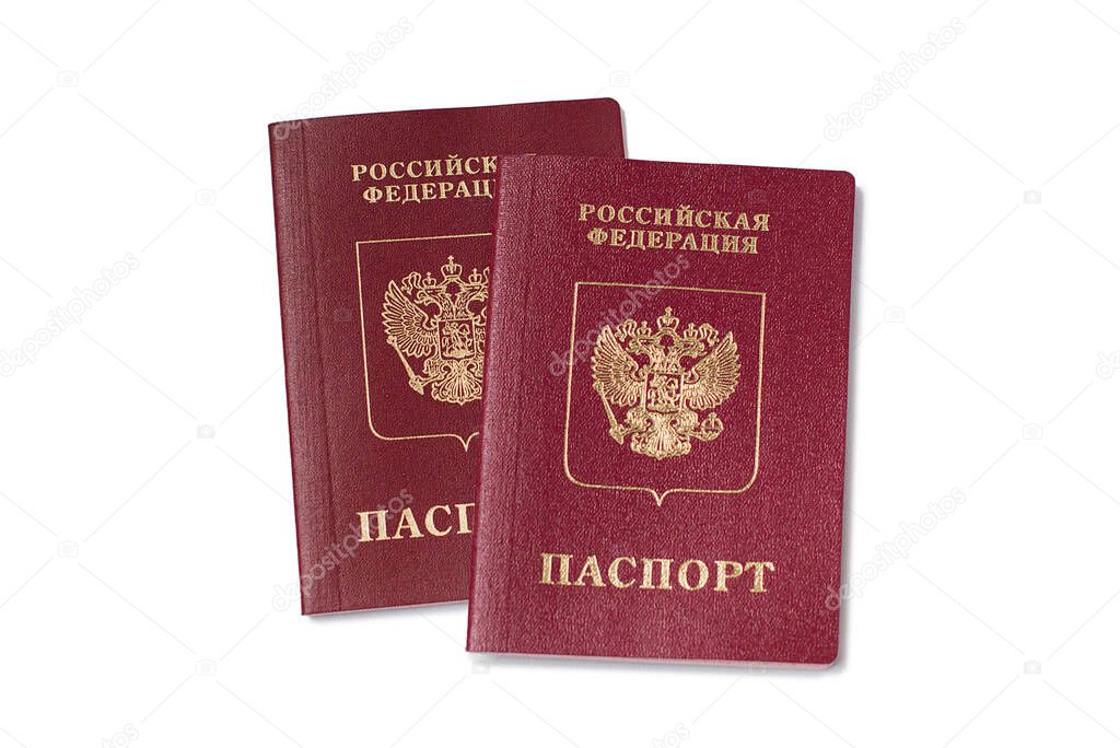 Russian international passport isolated on white background. Translation: Russian Federation. Passport.