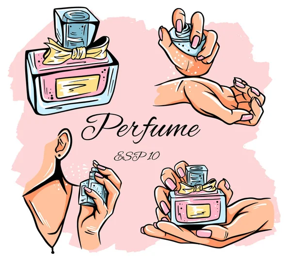 Bir dizi parfüm şişesi vektör çizimi. Eau de parfum. Eau de Toilette 'de. Parfüm şişesi elinde..