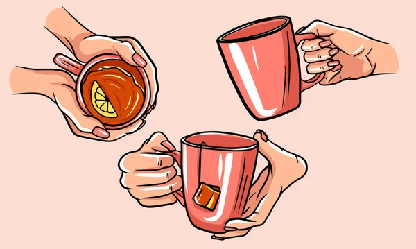 Set of cups of tea with hands. — Stock Vector