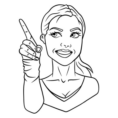 Kız parmağıyla bir jest yapıyor. Sarışın kız etiketi. Tasarım ve dekorasyon için kullanılabilir.