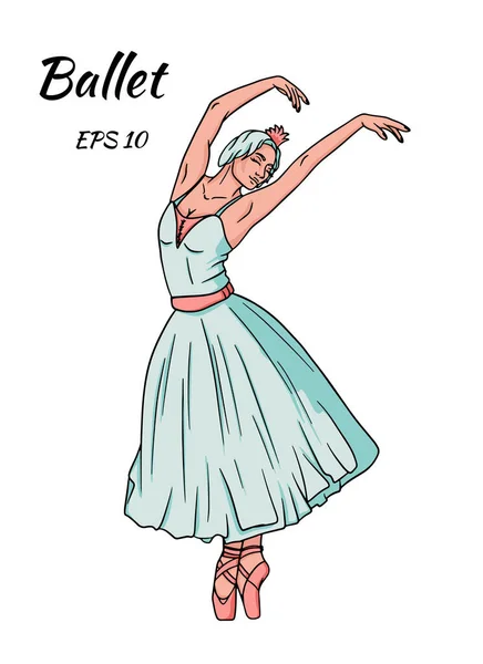 Bailarina Dançarina Vestido Azul Sapatos Pontiagudos Rosa Ilustração Vetorial Isolada — Vetor de Stock