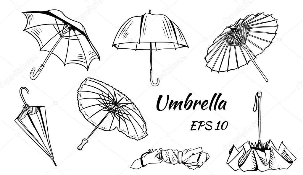 Set of vector umbrellas. Cartoon style. Different Chinese umbrellas, Closed umbrella in hand in the shape of a heart. For design and decoration.