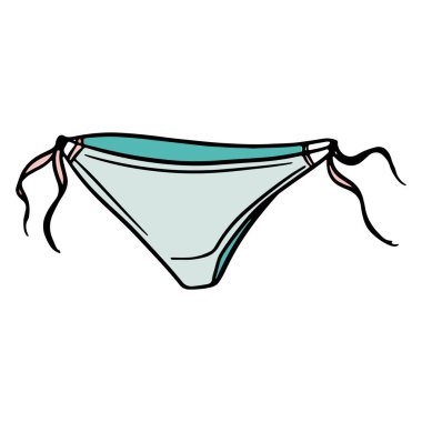 Bikini altı. Yüzmek için mayo. Kadın plaj mayosu. Sahilde ihtiyacın olan şeyler. Çizgi film tarzı. Tasarım ve dekorasyon için çizimler.