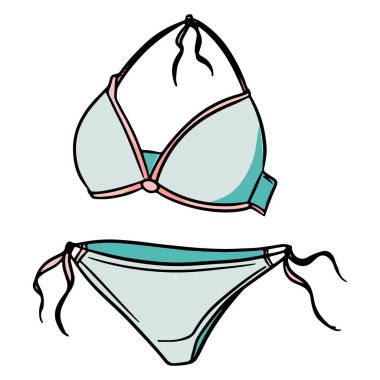 Bikini. Yüzmek için mayo. Kadın plaj mayosu. Sahilde ihtiyacın olan şeyler. Çizgi film tarzı. Tasarım ve dekorasyon için çizimler.