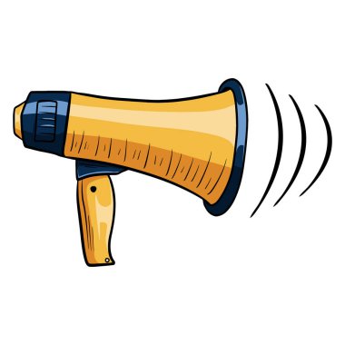 Yüksek sesle konuş. Sesi yükseltmek için bir cihaz. Megafon. Çizgi film tarzı. Tasarım ve dekorasyon için çizimler.