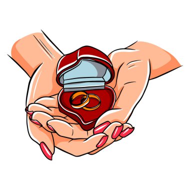 Evlilik teklifi. Nişanlı. Nişan yüzüğü. Evlilik yüzükleri. Kalp şeklinde yüzük kutusu. Etiketlerin vektör kümesi.