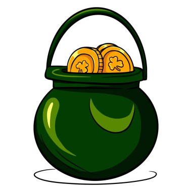 Bir küp altın. Altın sikkelerle dolu bir tencere. Aziz Patrick Günü 'nde. Çizgi film tarzı. Tasarım ve dekorasyon için resim.