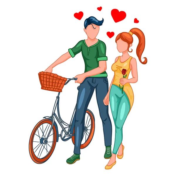 Una Pareja Amorosa Paseo Con Una Bicicleta Chica Con Una — Archivo Imágenes Vectoriales