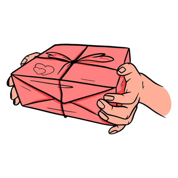 Geschenk Der Hand Ein Geschenk Einem Festlichen Paket Cartoon Stil — Stockvektor