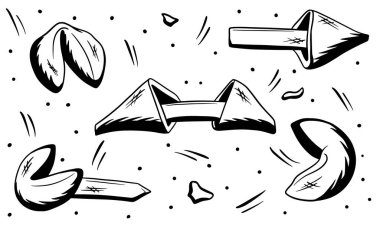 Çok tatlı. Şansa bak. Şans kurabiyesi seti. Eskiz stili. Kafe tasarımı için vektör illüstrasyonu. Kartpostalların ve afişlerin tasarımı.