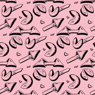 Çok tatlı. Şansa bak. Şans kurabiyeleri. Kusursuz desen. Skeç tarzı. Kafe tasarımı için vektör illüstrasyonu. Kartpostalların ve afişlerin tasarımı.