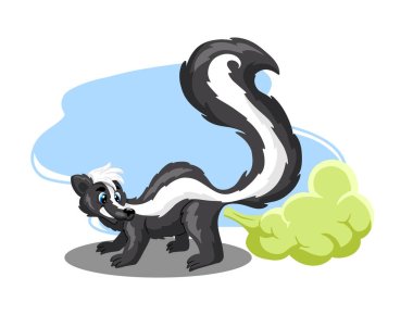 Animal characters. Funny skunk and smelly cloud. Cartoon style. For illustrating books. Children's illustration. clipart