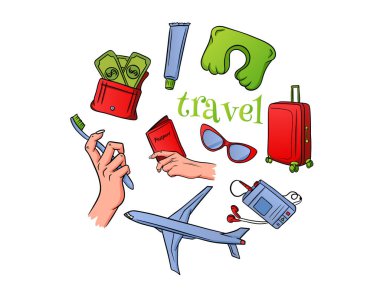 Seyahat gereksinimleri bir uçakta çizgi film tarzında uçuyor.