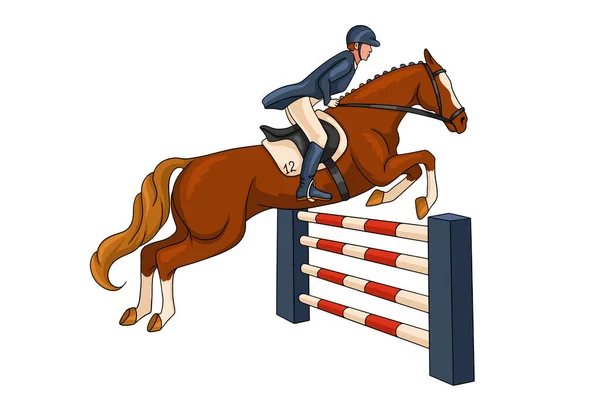 乗馬だ ジャンプを見せて 競技中の女性は障害物の上で馬に飛び乗る 漫画風 ロゴデザイン ポストカード用ベクトルイラスト — ストックベクタ