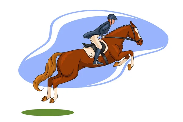 马背上骑马 跳吧一名女子在比赛中跳上一匹马 卡通风格 标志设计 明信片的矢量插图 — 图库矢量图片
