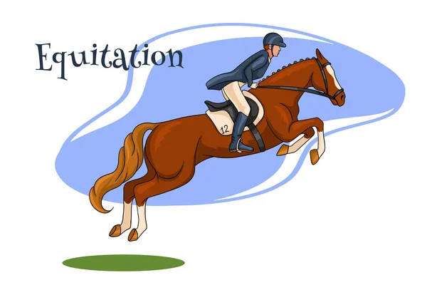 Équitation Saut Obstacles Une Femme Compétition Saute Sur Cheval Cartoon — Image vectorielle