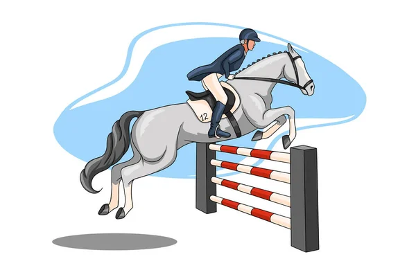 Horseback Riding Show Jumping Woman Competition Jumps Horse Obstacle Cartoon — Stock Vector