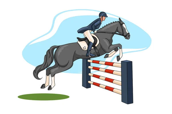 乗馬だ ジャンプを見せて 競技中の女性は障害物の上で馬に飛び乗る 漫画風 ロゴデザイン ポストカード用ベクトルイラスト — ストックベクタ