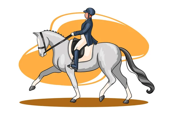 Paardrijden vrouw paardrijden dressuur paard in cartoon stijl — Stockvector