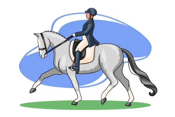 Paardrijden vrouw paardrijden dressuur paard in cartoon stijl — Stockvector