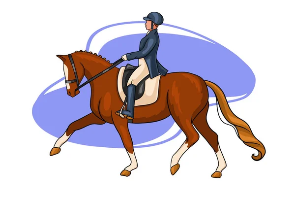 Paardrijden vrouw paardrijden dressuur paard in cartoon stijl — Stockvector