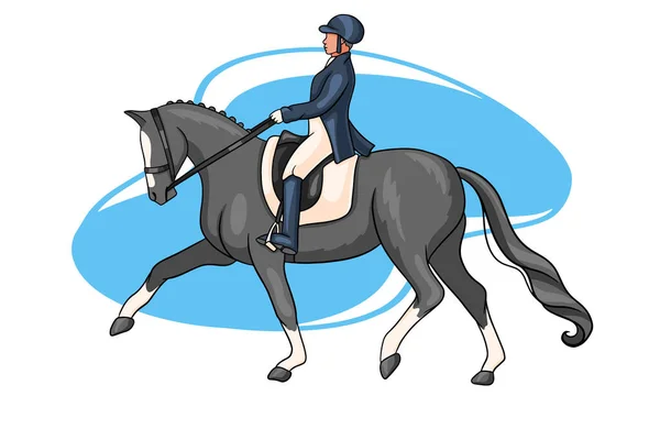 Horse Riding Woman Riding Dressage Horse in Cartoon Style — Stock Vector