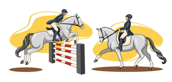 Jízda na koni žena na koni dressage kůň v karikatuře stylu — Stockový vektor