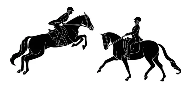 乗馬だ ドレッシングとショージャンプ セットだ 馬に乗っている女性は 馬場馬術の要素を実行し 障害物を飛び越える ロゴデザイン ポストカード用ベクトルイラスト — ストックベクタ