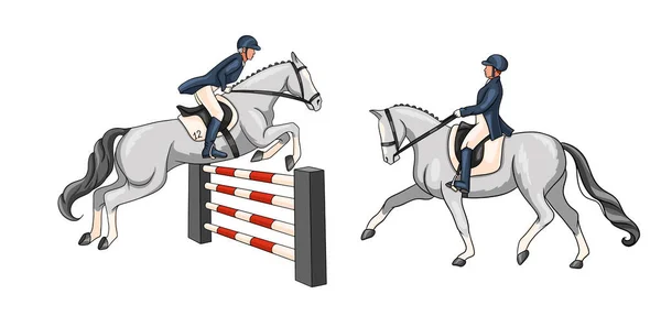 Horseback Riding Dressage Show Jumping Set Woman Riding Horse Performs — Stock Vector